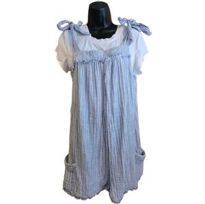 True Craft Blue and White Striped 100% Cotton Shorts Overalls Lightweight Boho